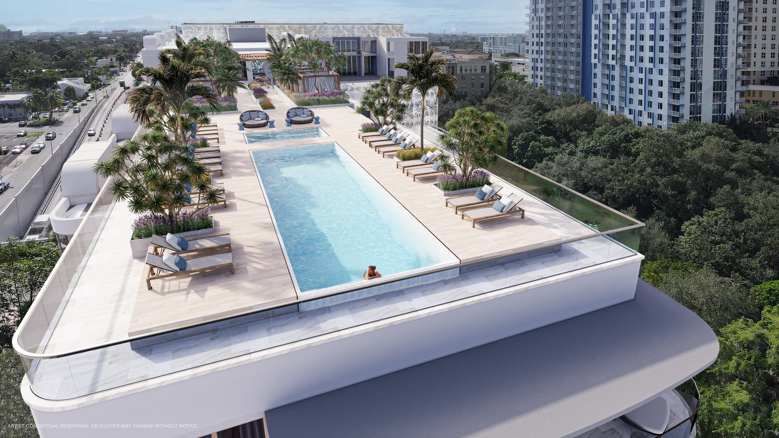 Sixth and Rio aerial rooftop pool view